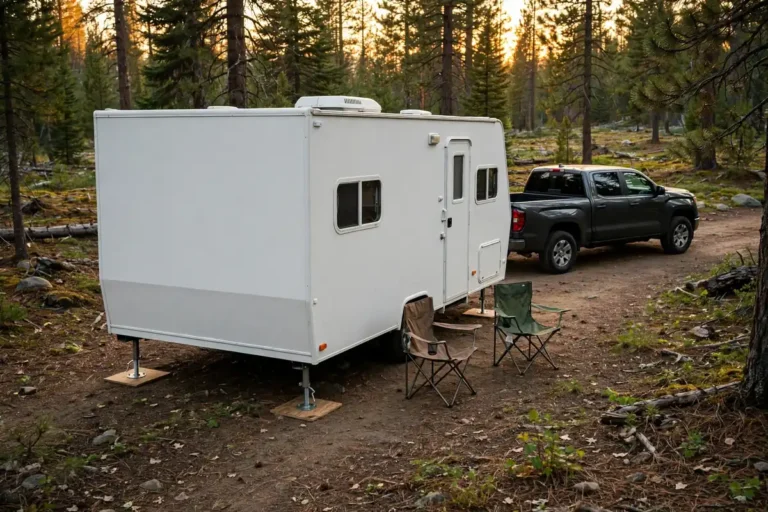 Truck camper sitting low off its truck at a forest campsite with jacks down on plywood pads