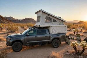 F150 Truck Camper Guide: Real Payload Math for Your F-150 7 Ford F-150 crew cab with a pop-up truck camper at a desert boondocking spot at golden hour