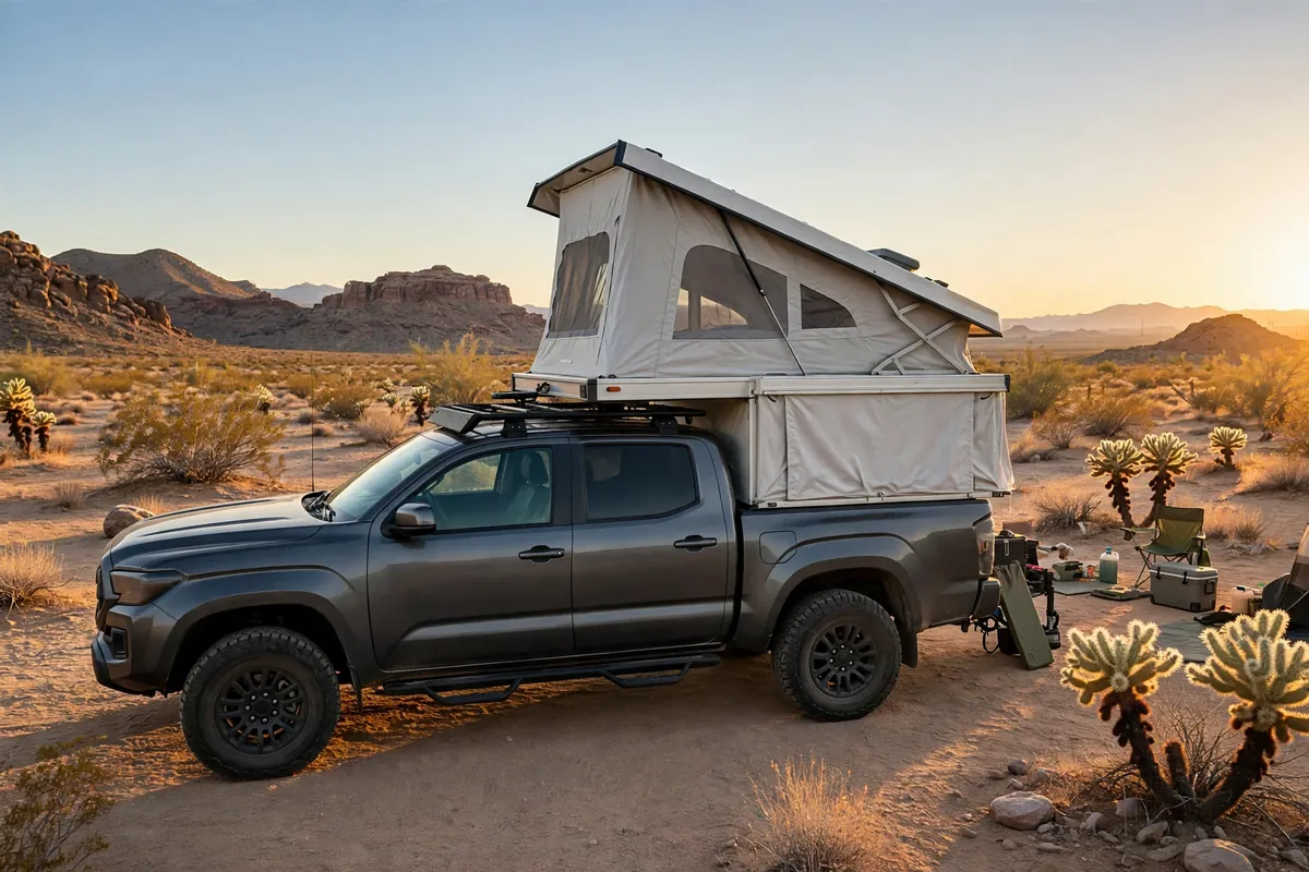 F150 Truck Camper Guide: Real Payload Math for Your F-150 1 Ford F-150 crew cab with a pop-up truck camper at a desert boondocking spot at golden hour