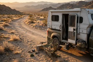 Truck camper boondocking in the desert at golden hour