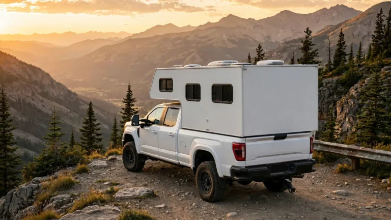 White pickup truck with hard-side camper at a mountain overlook