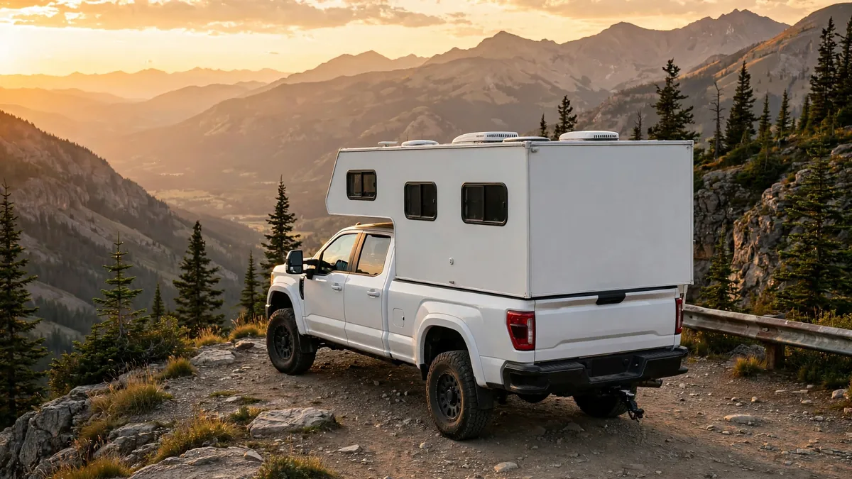 White pickup truck with hard-side camper at a mountain overlook