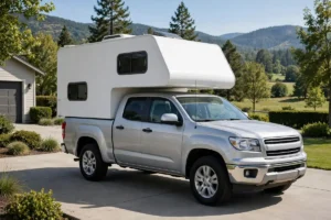 Clean used truck camper on a pickup truck in daylight, front three-quarter view