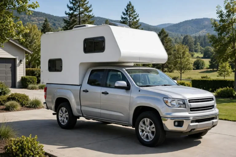 How to Sell a Used Truck Camper for the Best Price 13 Clean used truck camper on a pickup truck in daylight, front three-quarter view