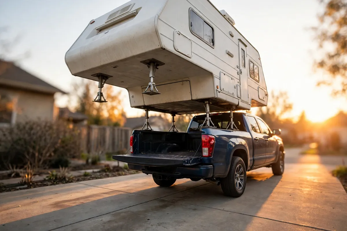 How to Load a Truck Camper by Yourself: The Nose-High Rule, Wind Limits, and When to Abort 1 Truck camper raised nose-high on four jacks hovering above a pickup truck bed during solo loading at sunset