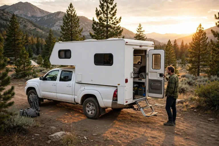 White pickup truck with a slide-in camper at a golden-hour mountain campsite