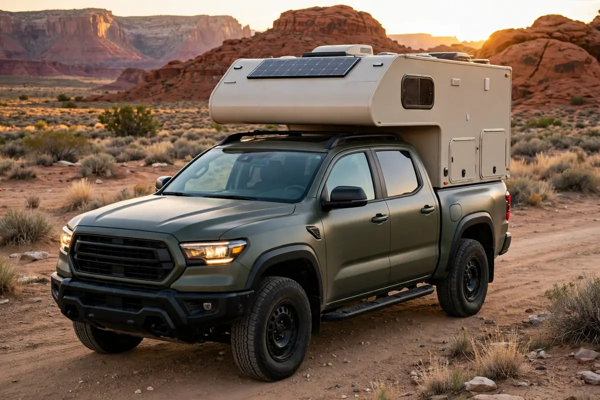 Crew cab pickup truck with a slide-in camper boondocking in the desert at golden hour