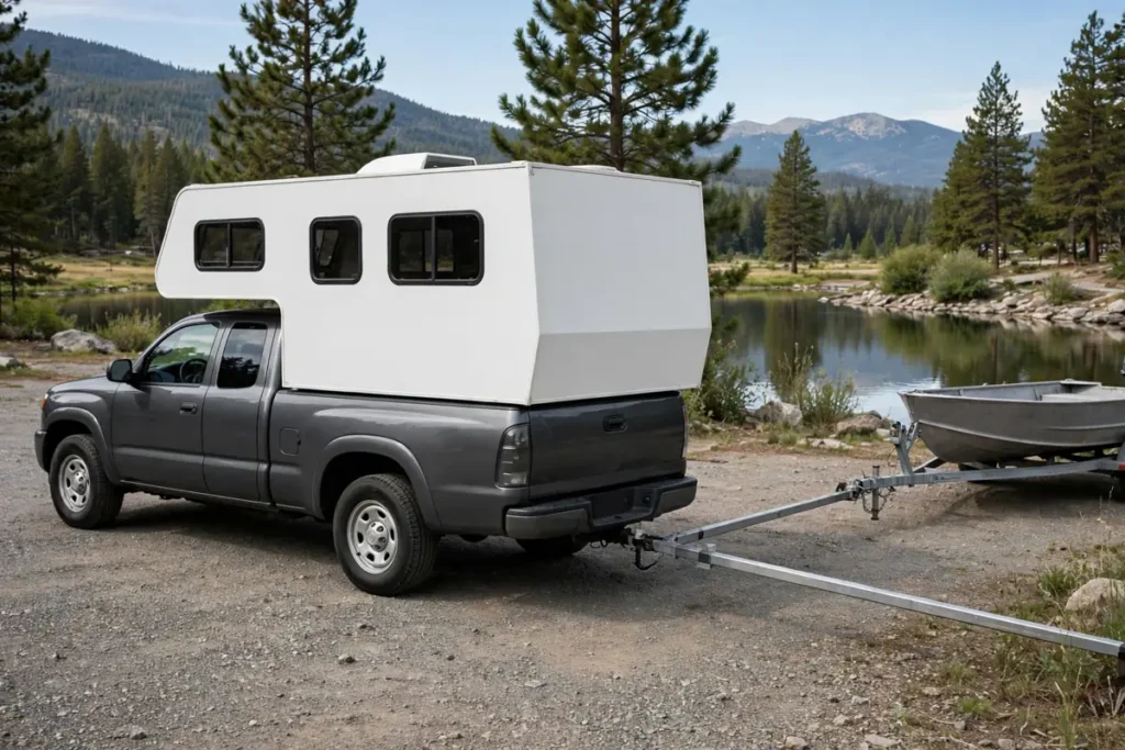 Towing With a Truck Camper: Hitch Extensions, Weights, Sway, and Legality 8 Truck camper in truck bed towing a boat trailer via a long hitch extension