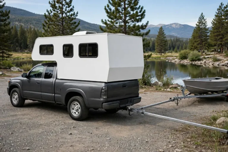 Truck camper in truck bed towing a boat trailer via a long hitch extension
