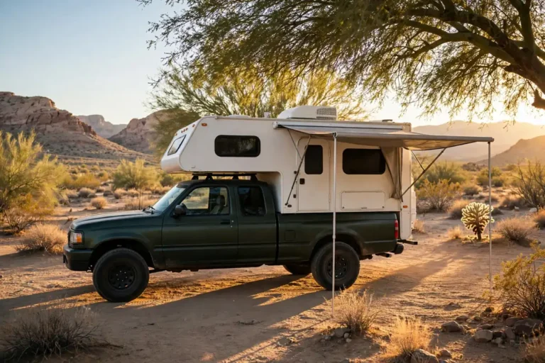 Truck camper with rooftop air conditioner parked in desert shade with awning deployed