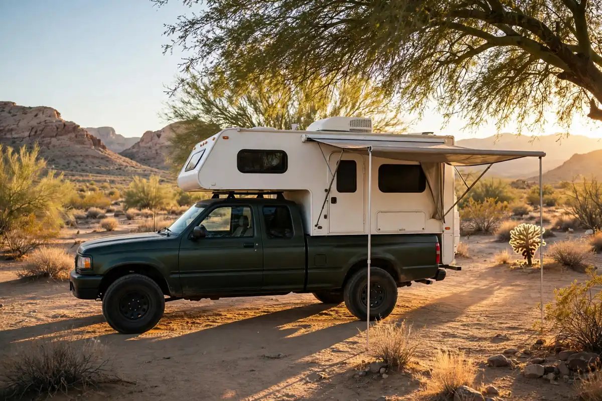 Truck Camper Air Conditioning: Options, Power, and Staying Cool 1 Truck camper with rooftop air conditioner parked in desert shade with awning deployed