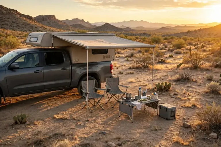 Truck Camper Awnings: Choosing, Mounting, and Keeping Yours Alive in Wind 11 Truck camper with side awning deployed over camp chairs and camp kitchen at golden hour