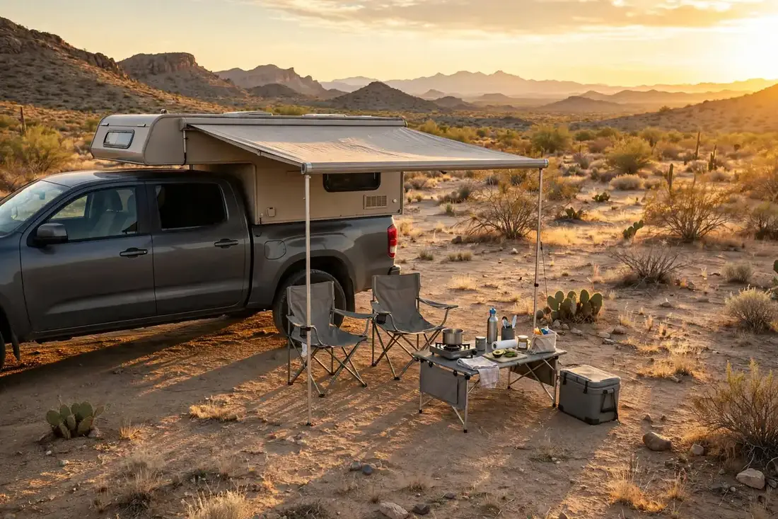 Truck camper with side awning deployed over camp chairs and camp kitchen at golden hour
