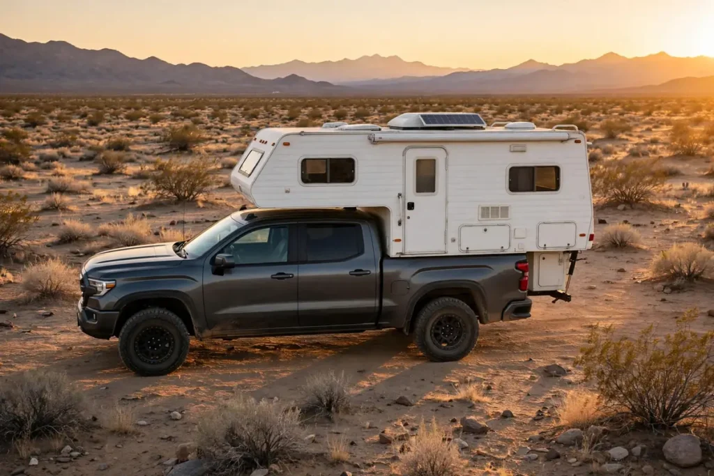 Boondocking With a Truck Camper: The Complete 2026 Guide to Free Dispersed Camping 8 Truck camper at a free dispersed campsite on BLM desert land at golden hour, mountains behind