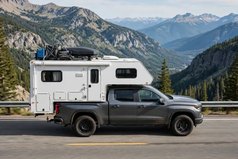 Loaded hard-side truck camper on a pickup truck driving steadily in its lane on a mountain highway in daylight