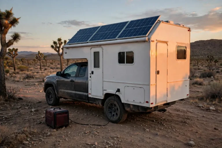Truck camper at a desert boondocking site at dusk with solar panels on the roof and a portable generator running beside the truck