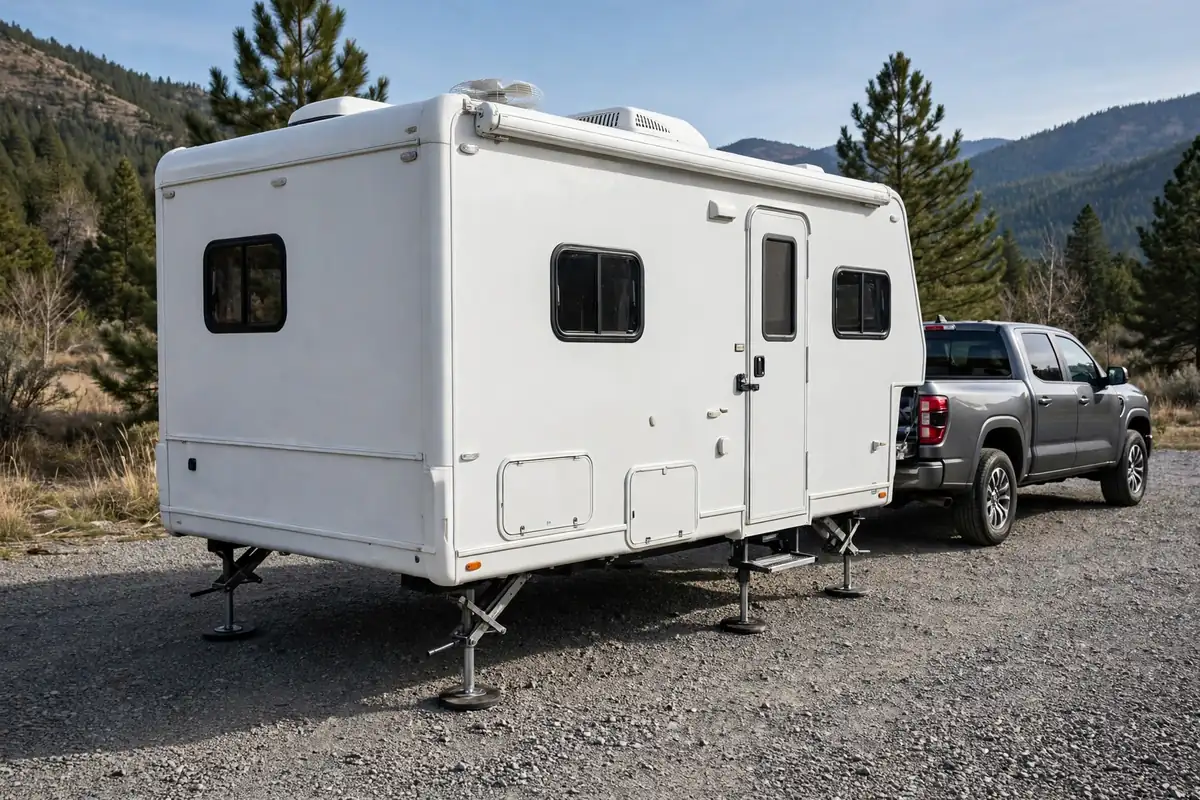 Truck Camper Jacks Electric vs Manual Maintenance and What to Do When One Fails 1 Truck camper standing low and stable on four corner jacks with wide footpads on firm level ground, pickup truck parked nearby