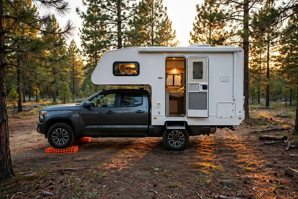 How to Level a Truck Camper on Uneven Ground 8 Slide-in truck camper parked level on a forest campsite at golden hour with orange leveling blocks under the low-side tires and the door open