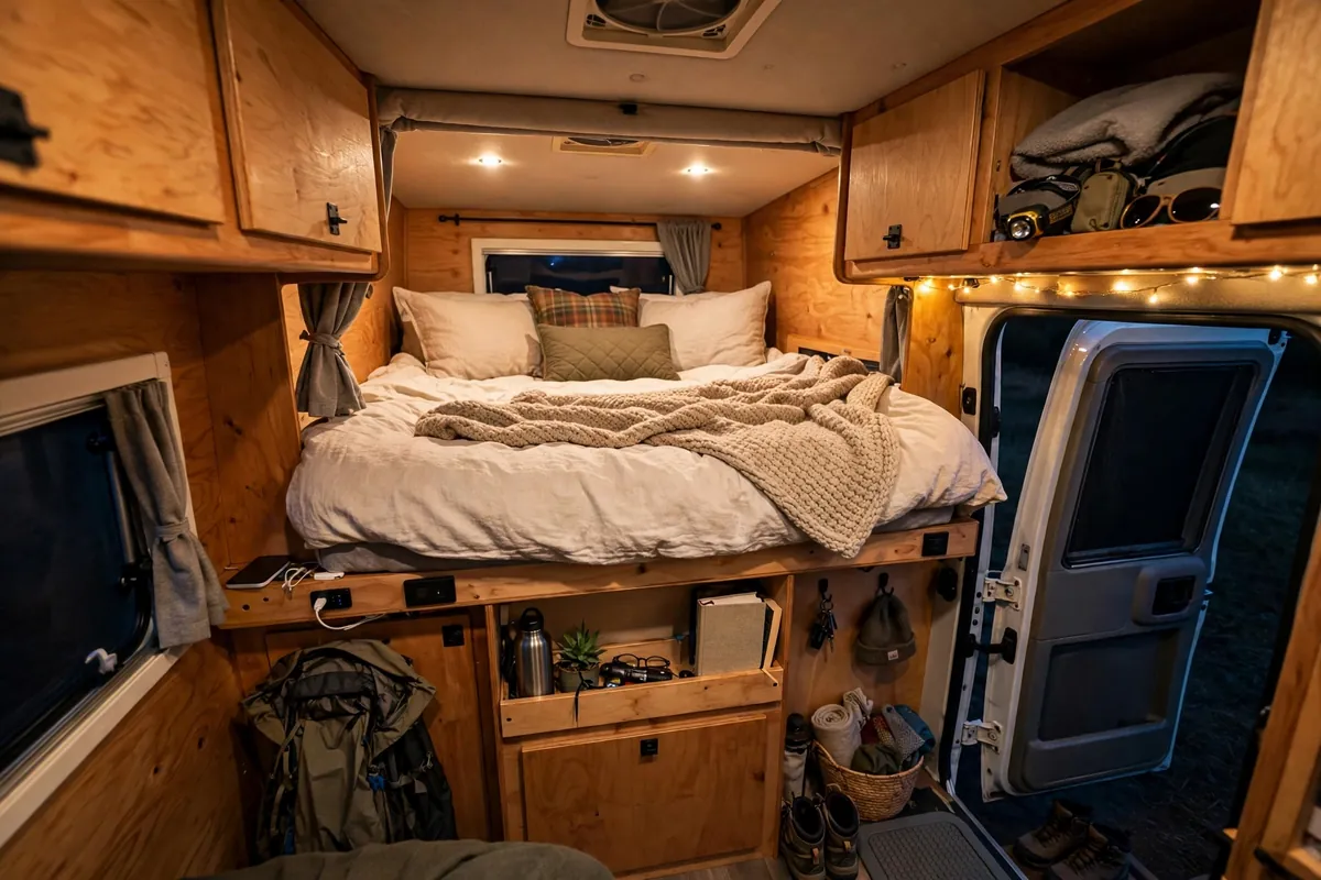 Truck Camper Mattress Upgrade - Fixing the Cabover Sleep Problem 1 Truck camper cabover bed with an upgraded mattress and bedding in warm interior light