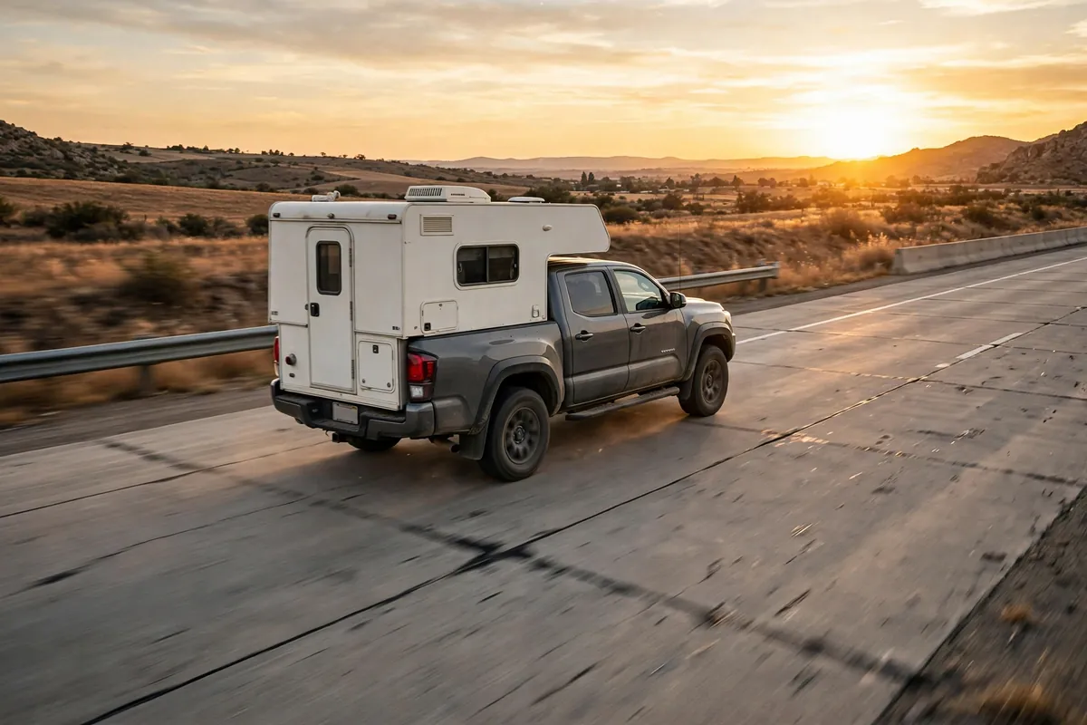 Pickup truck with slide-in camper driving on a segmented concrete highway at golden hour