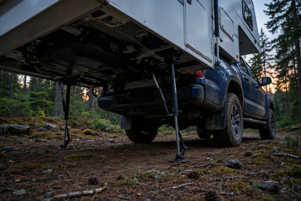 Mice in a Truck Camper - How They Get In, the Damage They Do, and How to Keep Them Out 8 Truck camper at a forest-edge campsite at dusk showing tires, jacks and underbelly
