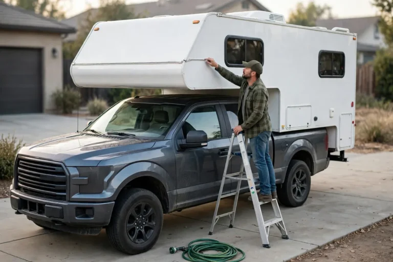 Owner on a stepladder inspecting the cabover front roof seam of a hard-side truck camper in a driveway