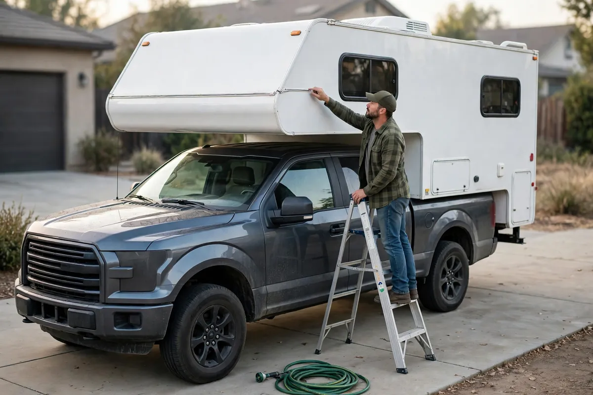 Owner on a stepladder inspecting the cabover front roof seam of a hard-side truck camper in a driveway