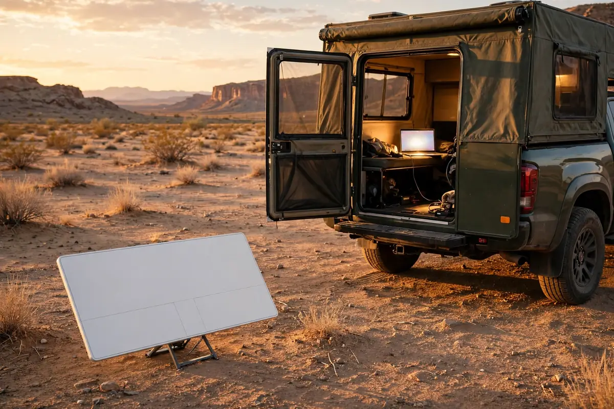 Truck camper in open desert at golden hour with a flat panel satellite antenna on a ground stand and a laptop visible through the open door