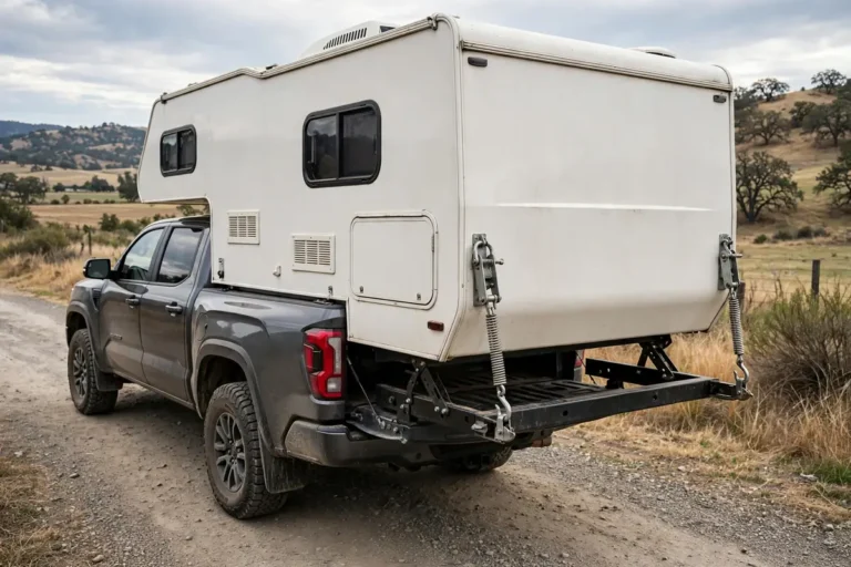 Truck camper secured in a pickup bed with spring-loaded turnbuckles connected at all four corners