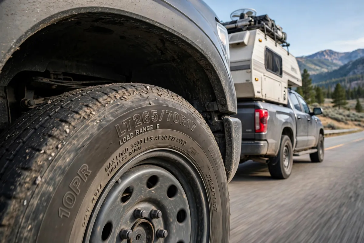 Loaded pickup with slide-in truck camper on a highway, close view of rear tire showing LT sidewall markings