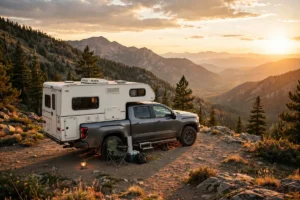 Truck Camping: How to Start? (2026 Beginner's Guide) 2 Pickup truck with slide-in truck camper at a mountain overlook at golden hour