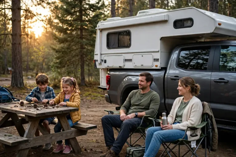 Family of four outside a truck camper at a wooded campground at golden hour, kids playing at a picnic table