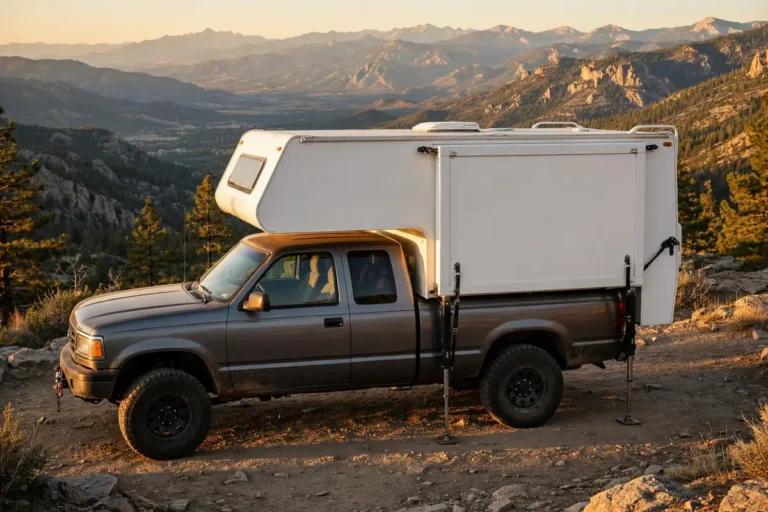 Hard-side truck camper loaded on a pickup at a mountain overlook at golden hour, tie-downs and jacks visible