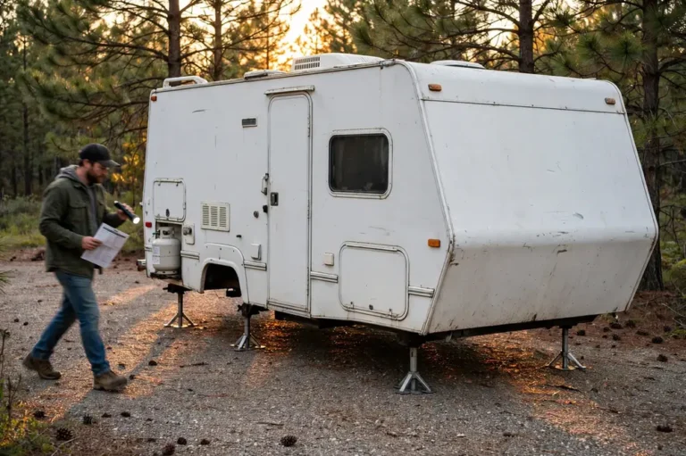 Buyer inspecting a used truck camper raised on its four corner jacks in a gravel driveway with checklist and flashlight