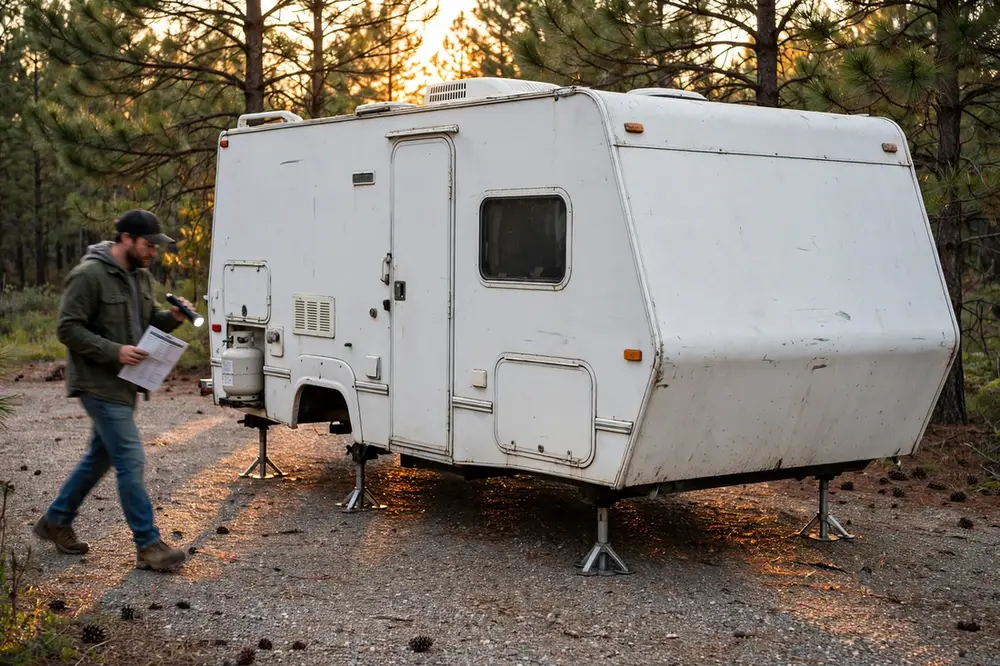 Buyer inspecting a used truck camper raised on its four corner jacks in a gravel driveway with checklist and flashlight