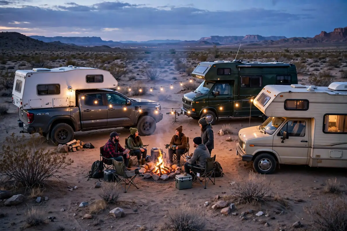 Full-Time Truck Camper Living: The Ugly Truth Nobody Posts (2026) 8 Campers and RVers gathered around a campfire at dusk