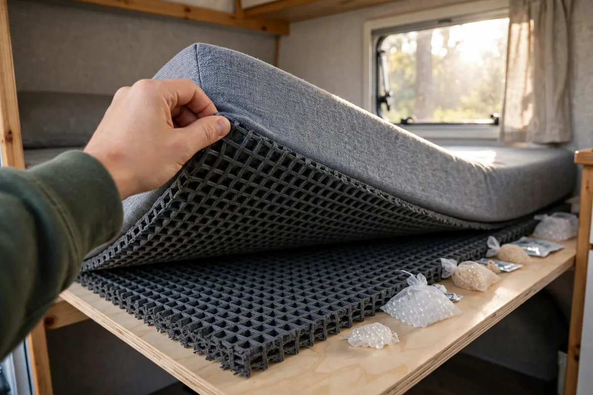 Full-Time Truck Camper Living: The Ugly Truth Nobody Posts (2026) 4 Ventilated spacer layer revealed under a truck camper mattress