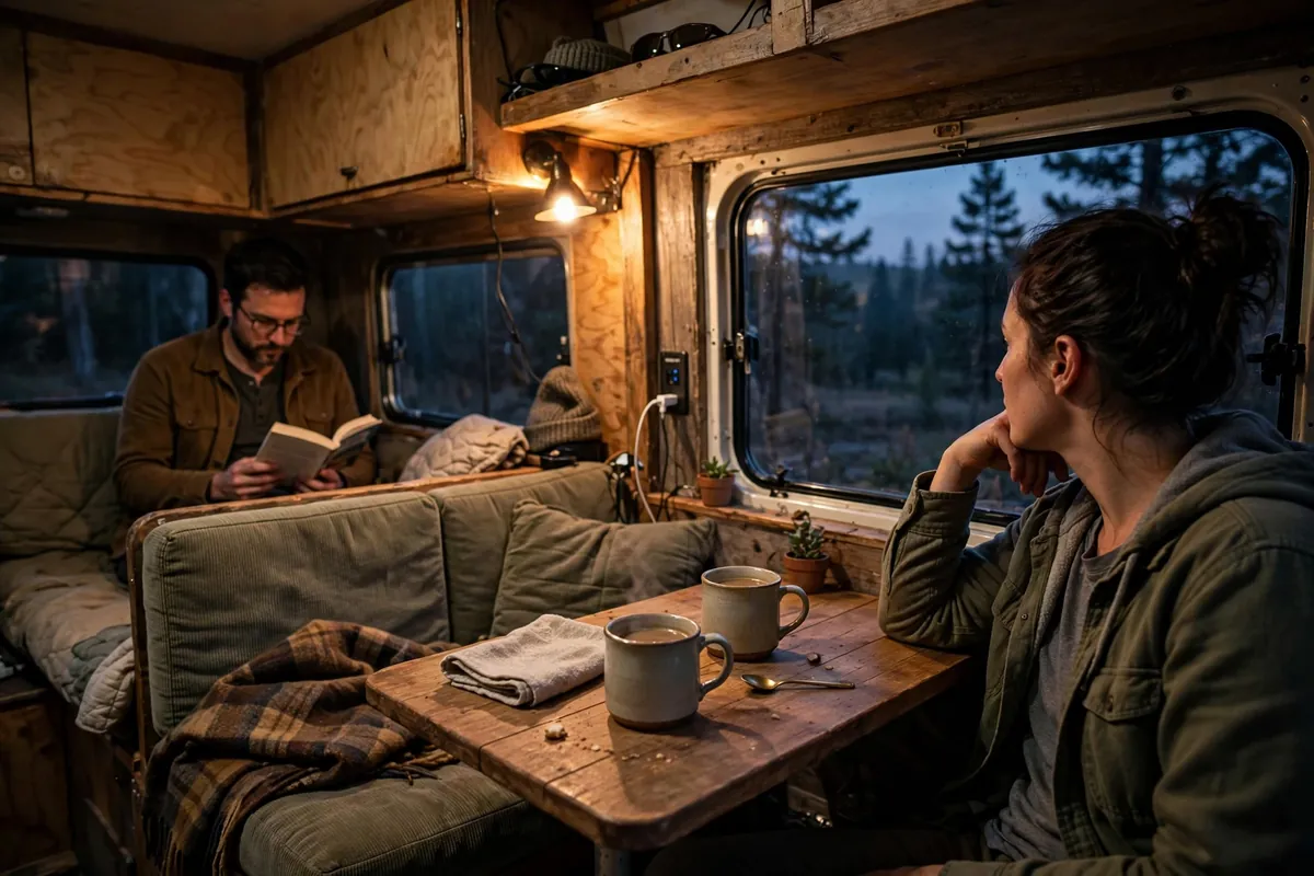 Full-Time Truck Camper Living: The Ugly Truth Nobody Posts (2026) 2 Cramped truck camper dinette at dusk with two coffee mugs