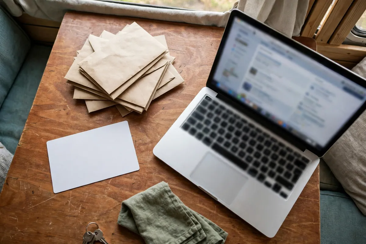 Full-Time Truck Camper Living: The Ugly Truth Nobody Posts (2026) 5 Mail, envelopes and laptop on a truck camper dinette table