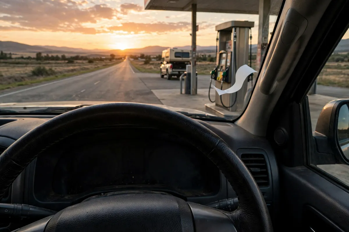Full-Time Truck Camper Living: The Ugly Truth Nobody Posts (2026) 6 Truck with camper at a gas station at sunset with highway ahead