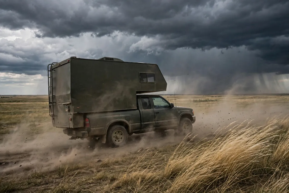 Full-Time Truck Camper Living: The Ugly Truth Nobody Posts (2026) 7 Truck camper parked on an open plain under dark storm clouds