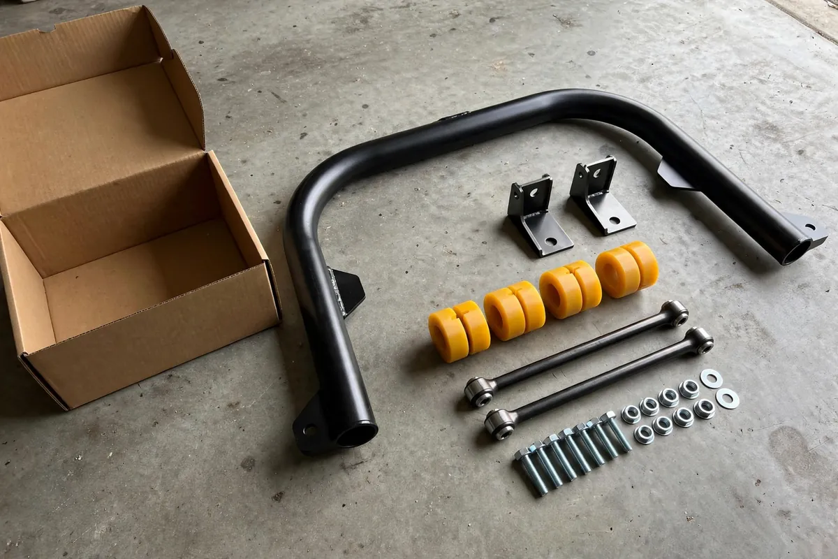 Heavy-duty rear sway bar kit with brackets, bushings and hardware