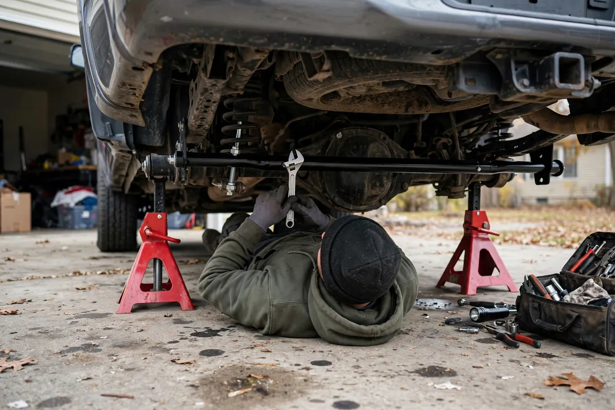 DIY sway bar install under a pickup on jack stands