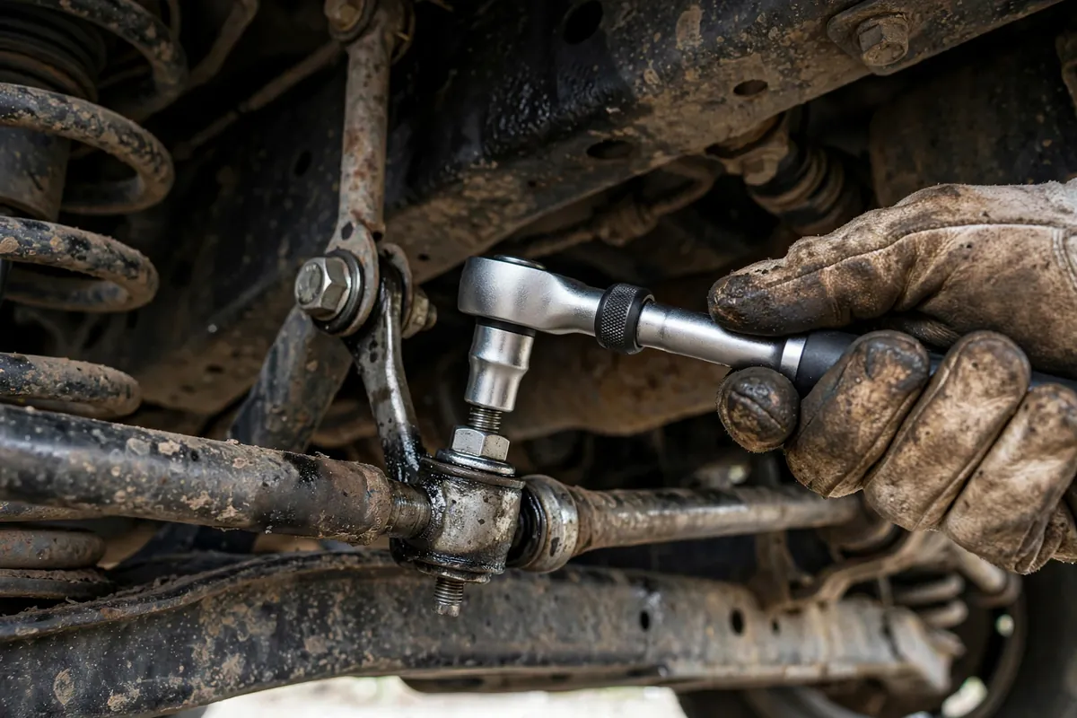 Torque wrench checking a sway bar end-link bolt under a truck