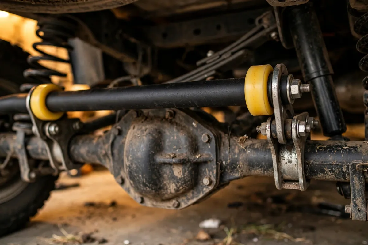 Aftermarket rear sway bar with polyurethane bushings mounted across a truck axle