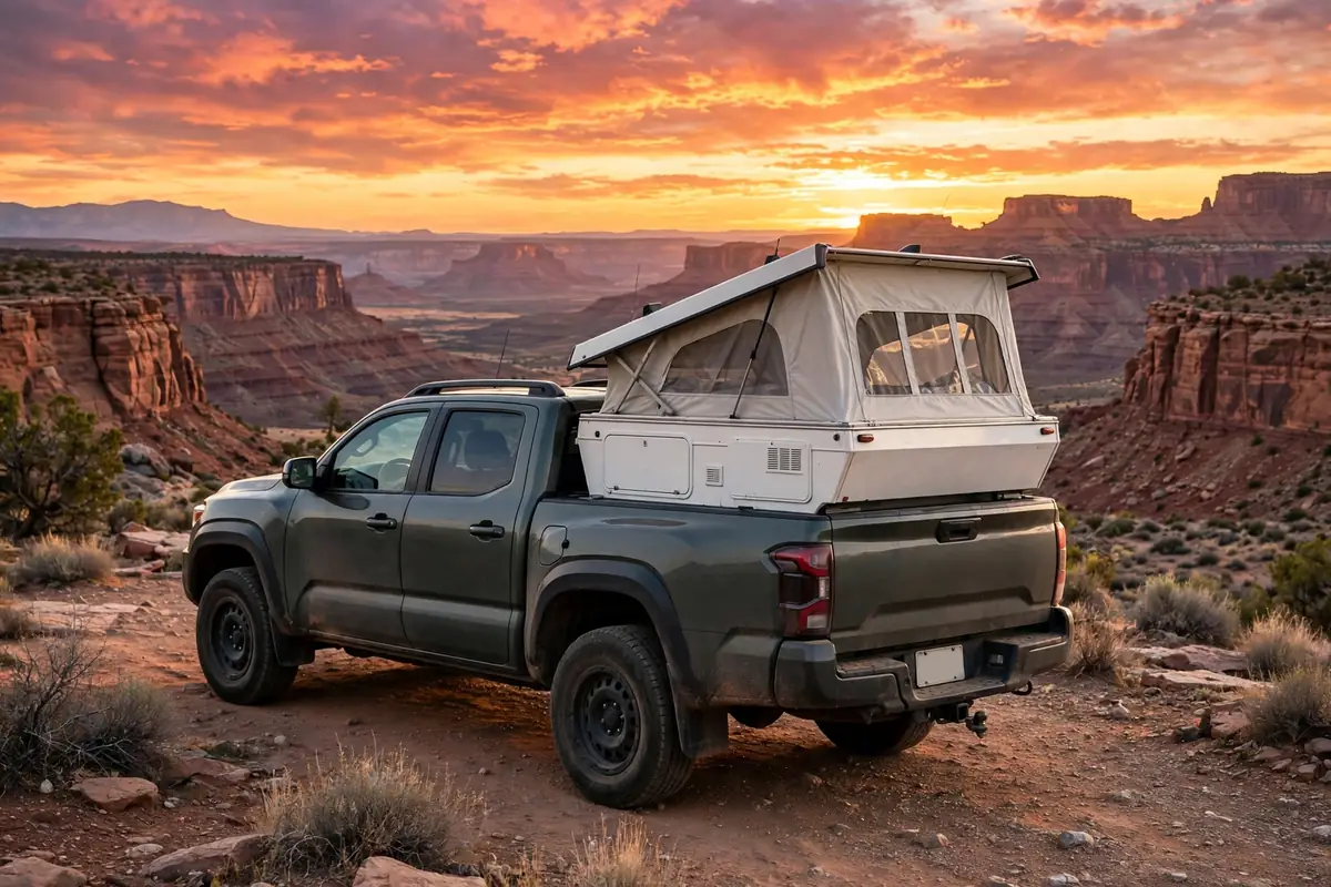 Best Truck Camper for Toyota Tacoma: What Actually Fits Without Overloading It 1 Toyota Tacoma truck camper at desert sunset — a pop-up camper that fits a midsize truck without overloading its payload