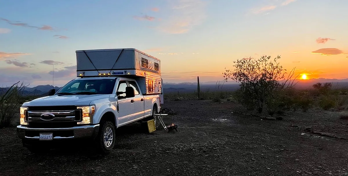 Cassette Toilets for Truck Camper Boondocking: The Complete Honest Guide 1 Pop-up truck camper boondocking in the desert at golden hour