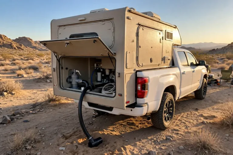 Truck camper on a pickup at a desert campsite with the rear wet bay open and a sewer hose connected