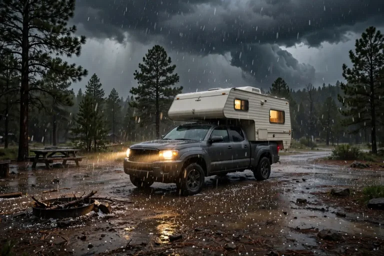 Hailstorm with dark clouds over a truck camper on a pickup truck at a campground