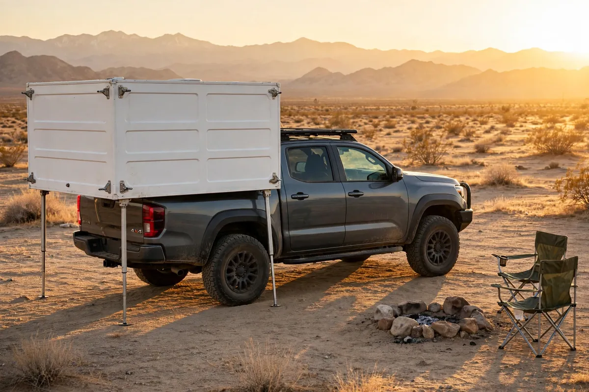 Truck Camper vs Van Life: An Honest Comparison From Someone Who's Done Both 1 Pickup truck with a hard-side slide-in truck camper at a desert boondocking campsite at golden hour